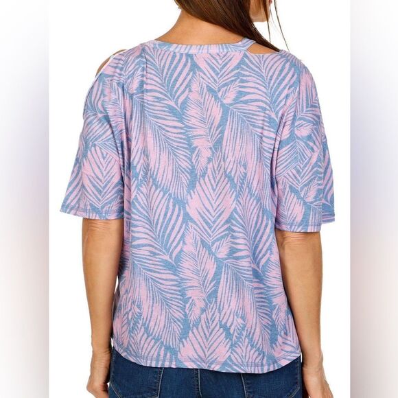 NWT Chaser Leaf Print Cold Shoulder Pink and Blue Top - Picture 5 of 9